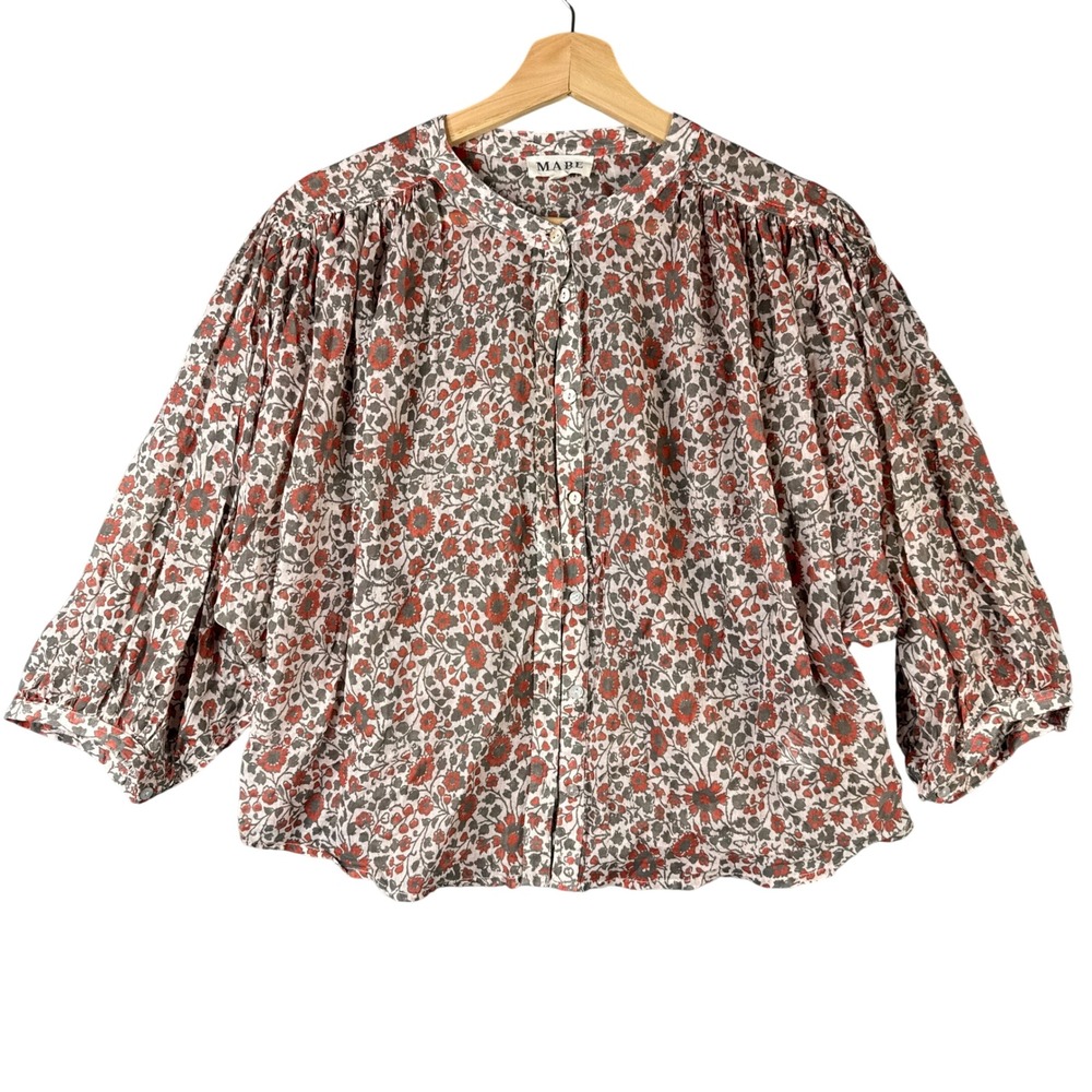 MABE Floral Print 100% Cotton Button Down Blouse Red Green Cream Size M